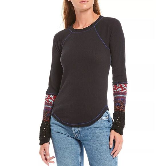 FREE PEOPLE In The Mix Crochet Cuff Waffle Long Sleeve Top - Picture 11 of 11